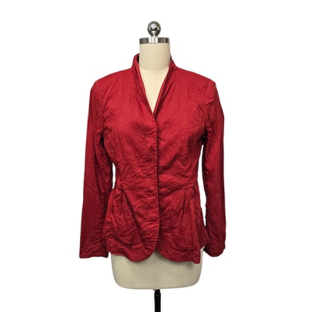 Eileen Fisher Jacket Womens Small Red Linen Blend Open Front Peplum Blazer